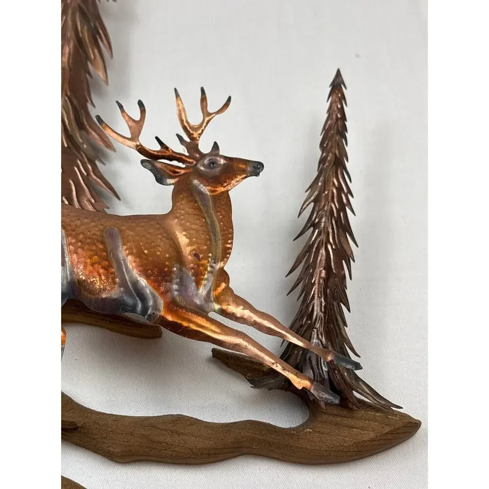 Vintage Copper Tin Metal Wall Art 3D Sculpture Buck Deer in Forest MCM Rustic